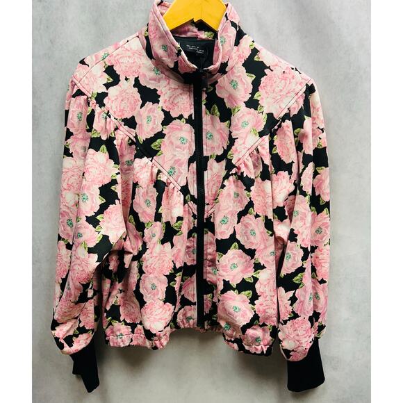 Zara Womens Jacket Full Zip Up Roses Flower Print Elastic Waist Jacket Size L - Picture 3 of 8